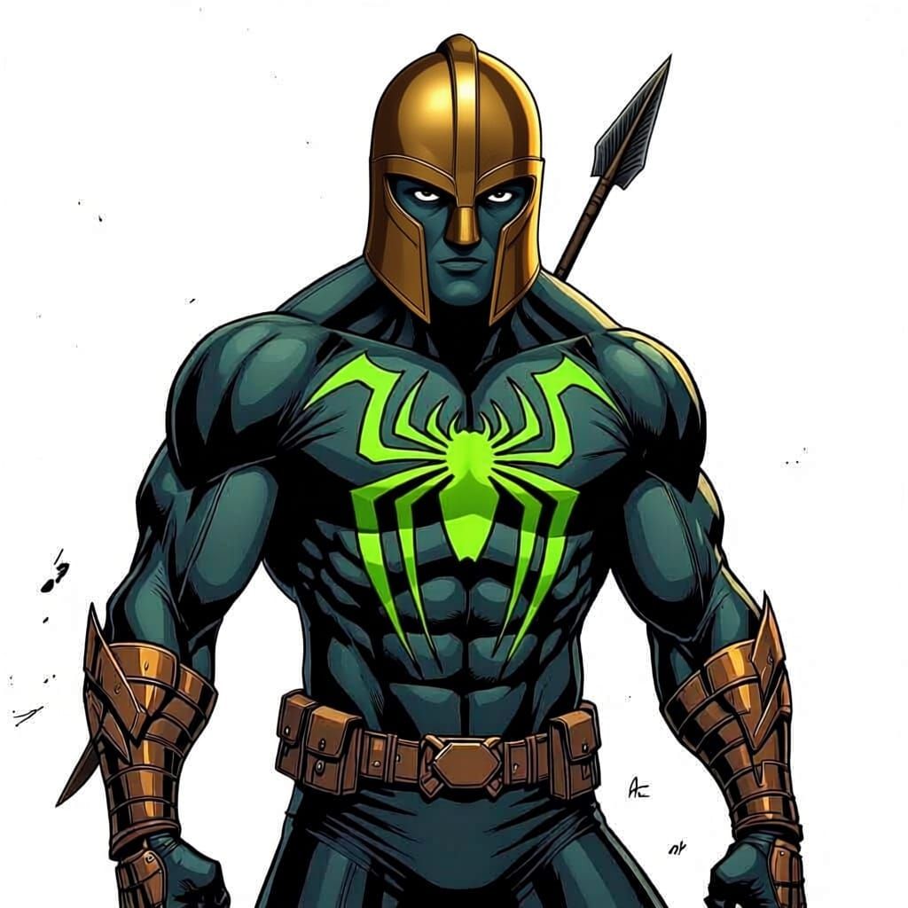 Marvel Spidersona, one man with dark beard, top half of his face masked, dark grey suit with green spider logo.  He carries a short spear on...
