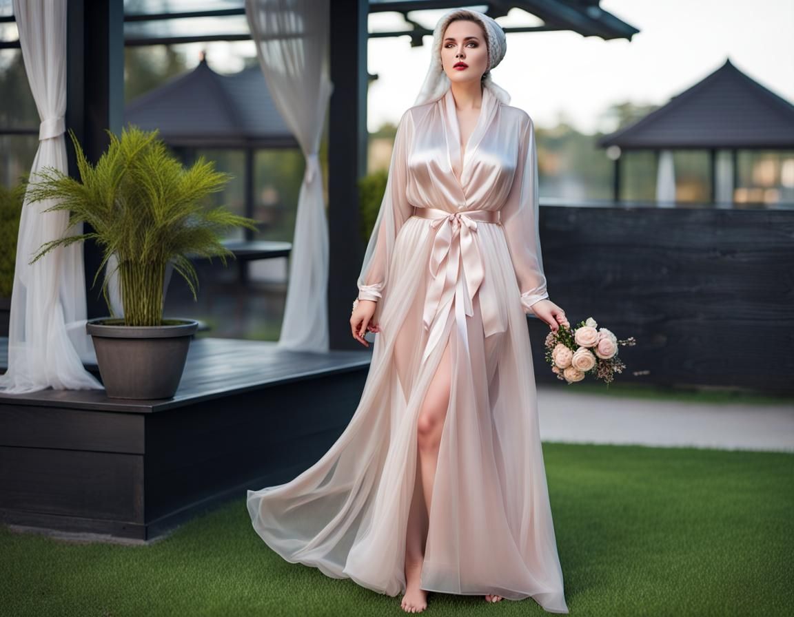 Wearing silk robes of see-through tulle. Long puffy chiffon....