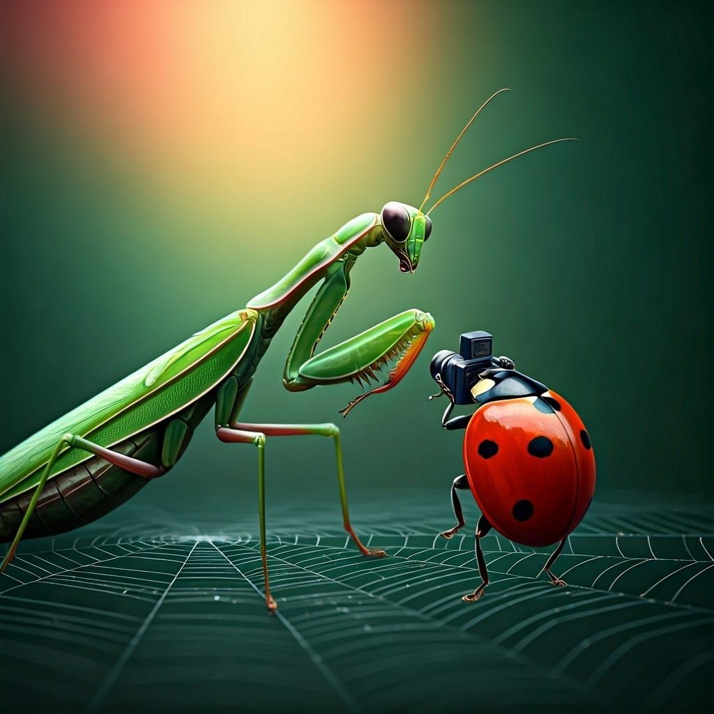 Une coccinelle qui prend en photo une mante religieuse sur une toile d'araignée !   by @Plumeplum 