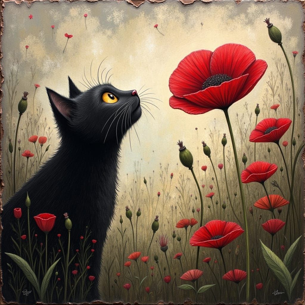 Whimsical black cat looking at a red poppy in an expressionist encaustic painting by Stewart Edmondson :: Peter Doig :: Anselm Kiefer :: Amy...
