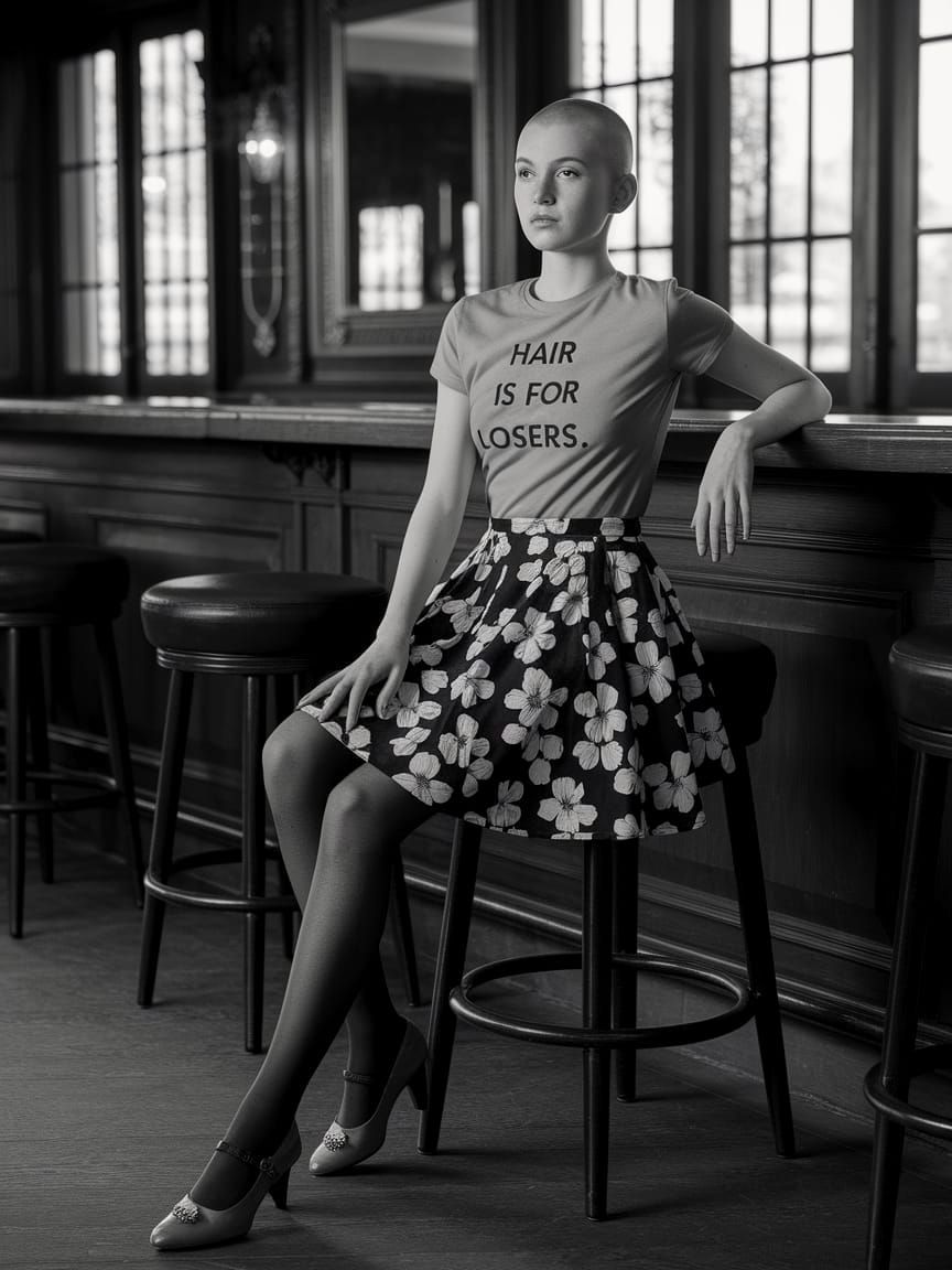 Black and white photograph of a bald girl in the middle of an empty bar wearing a t-shirt with a message 