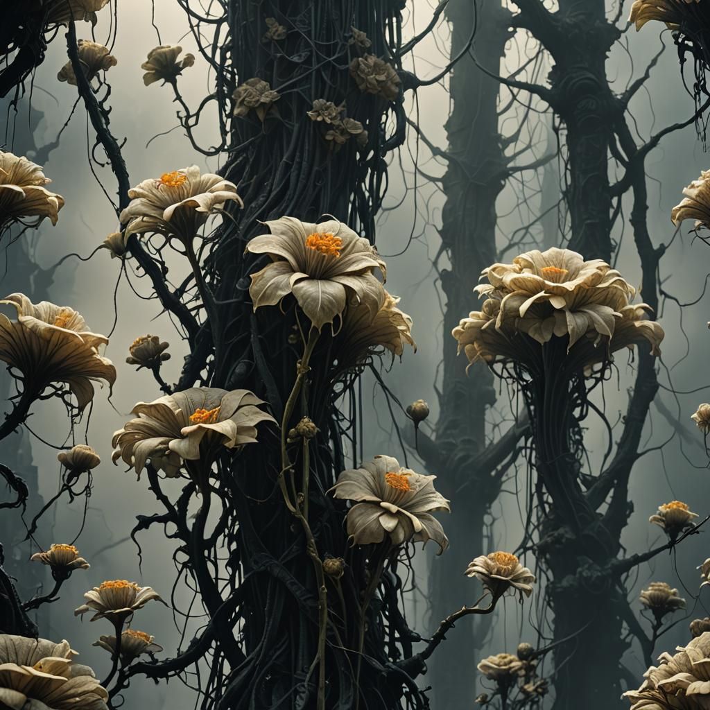 A gothic wallpaper of Ratchaphruek flowers with cuneiform et...