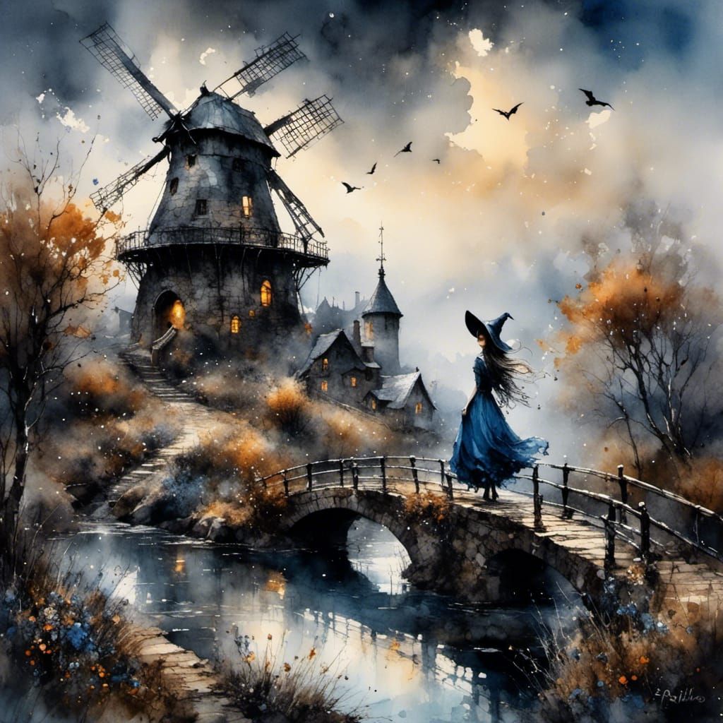 A beautiful witch standing on a bridge outside of a windmill...