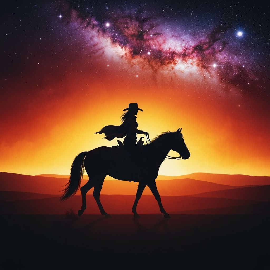 A lone cowgirl, silhouetted against a fiery sunset, rides her horse across a vast desert. Her hat is ...  by @Thyke