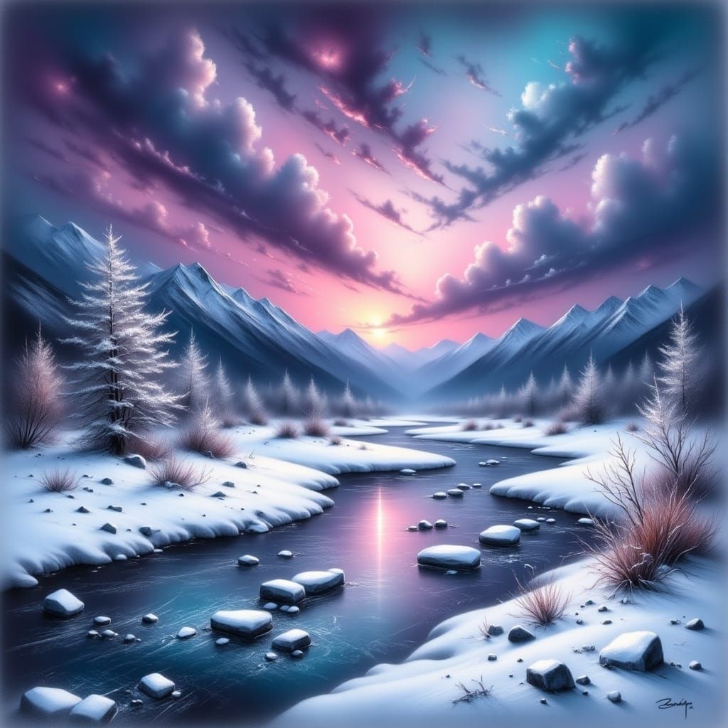 magnificent twilight sky above snow covered hills, frozen stream <lora:Charstel Flux:1.0> 