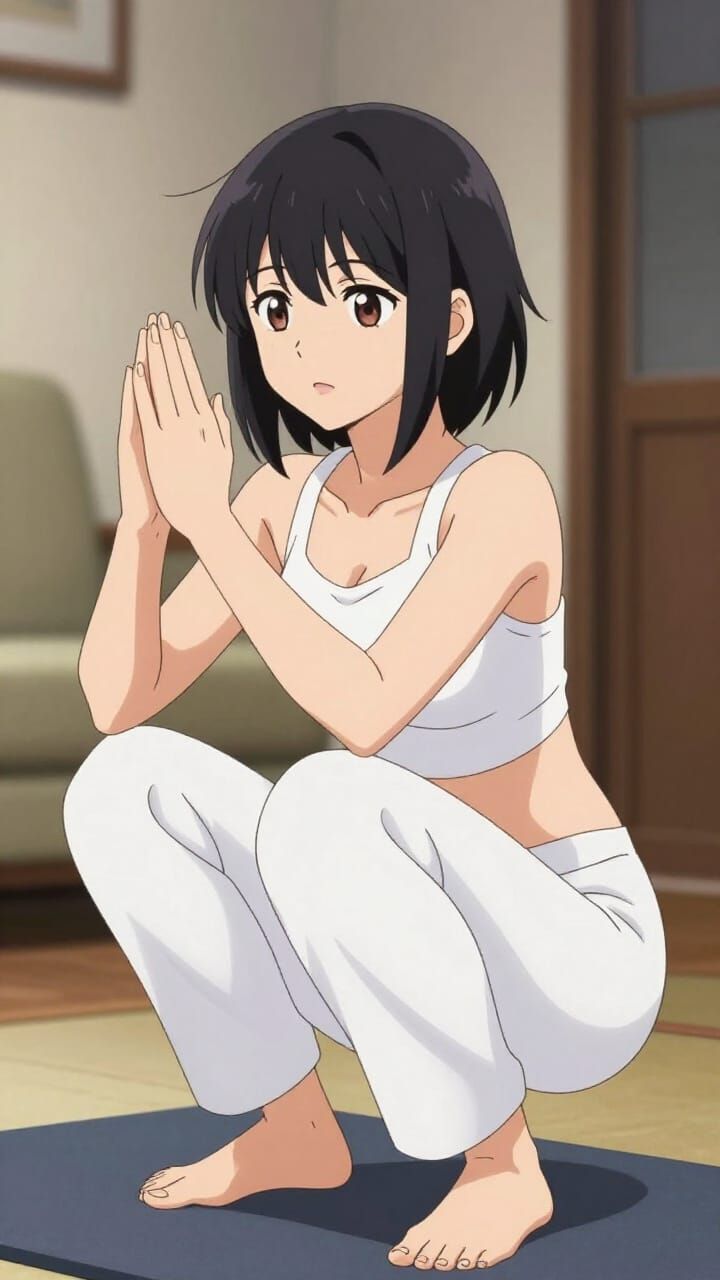 Anime Woman Doing Squats at Home