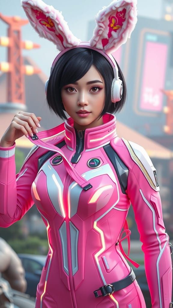 Southeast Asian Cyberpunk Heroine in Vibrant Pink and White...