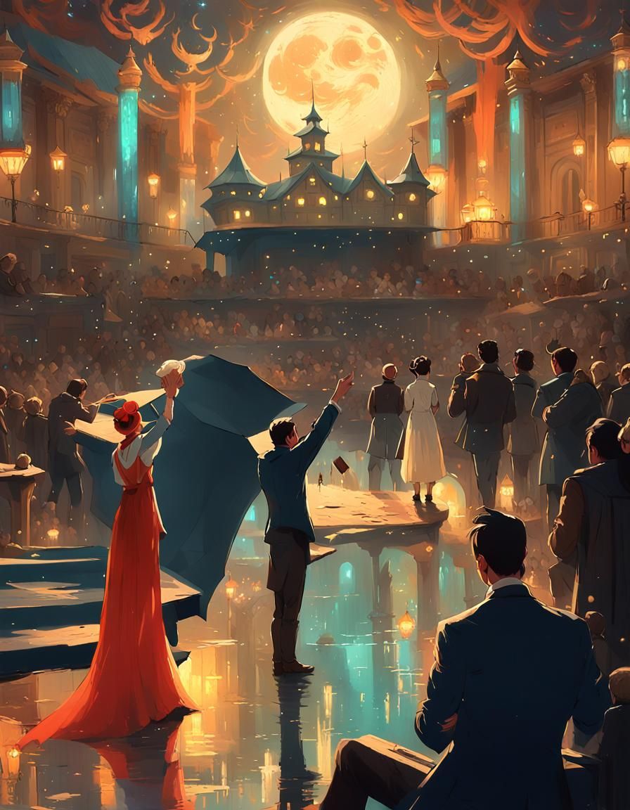Travel poster opera theater at night, lots of bright shining...