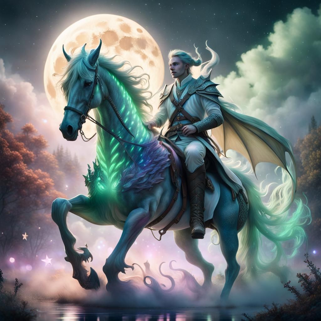 Elf Groom on Dragon Horse in Mystic Landscape