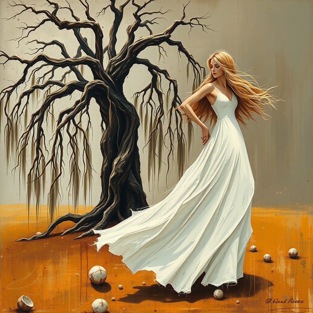 Serenely Melancholic Woman Gazes at Weeping Willow Tree