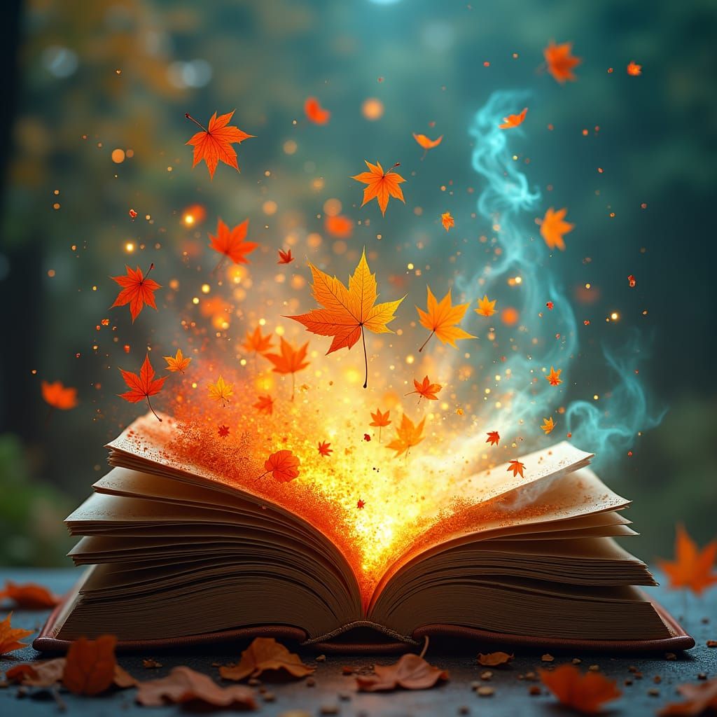 Imagine a beautiful ethereal autumn scene,  several autumn leaves, faeries, sparkles, bursting out of the pages of a magical open book, fant...