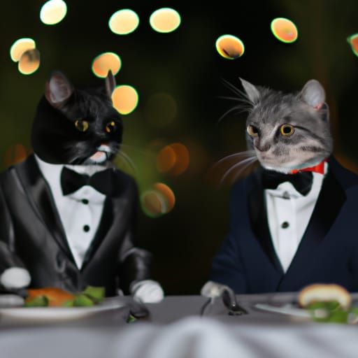 cats having a formal dinner wearing suits and ties