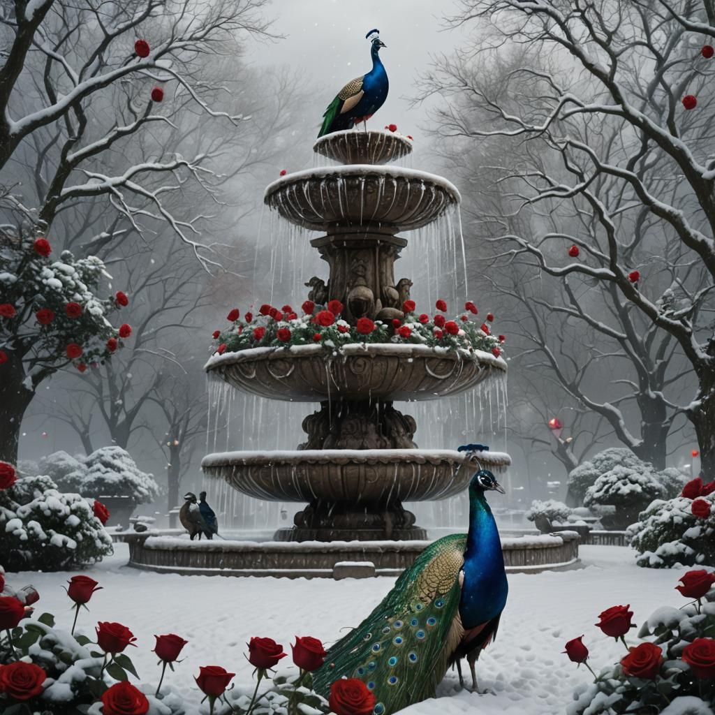 Winter Peacock with Roses and Fountain
