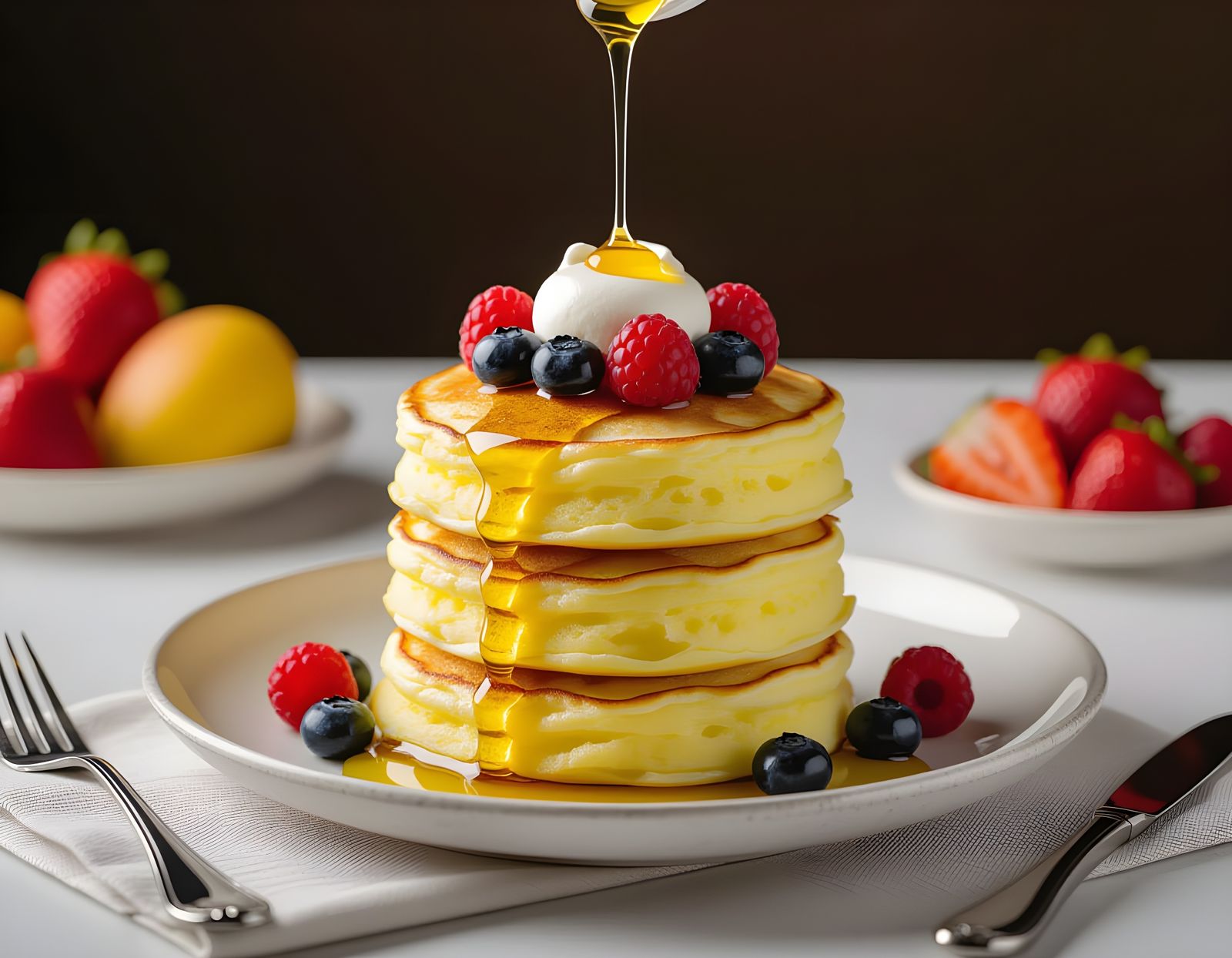 Berry souffle pancakes with honey drizzle  by @5ibah