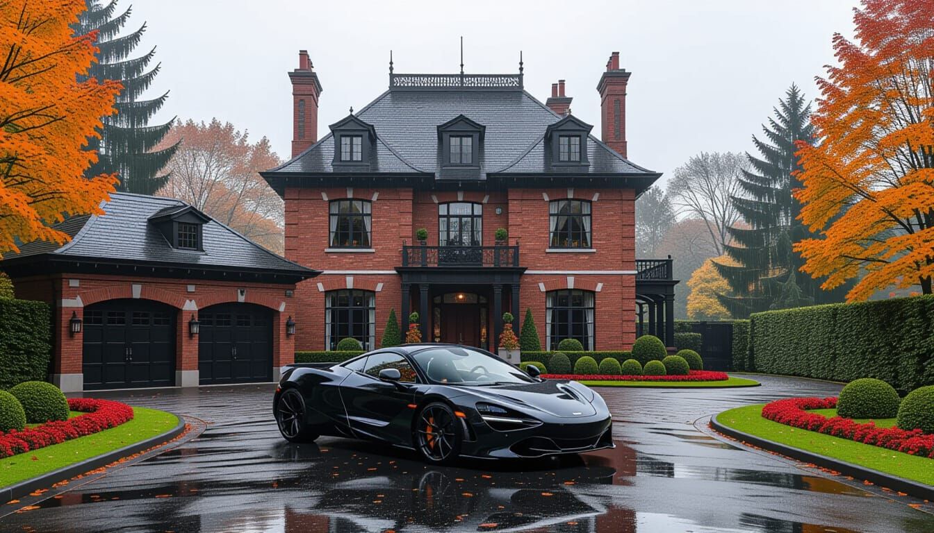 Victorian Chateau with McLaren 720S in Misty Autumn Garden