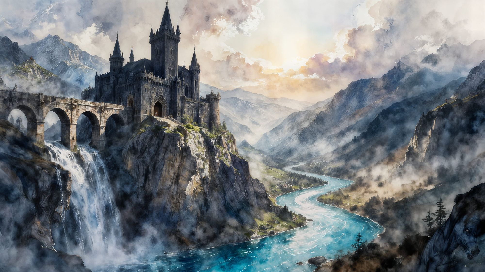 A highly detailed, cinematic fantasy watercolor painting of a majestic, ancient dark-stone castle with multiple sharp towers and a grand arc...