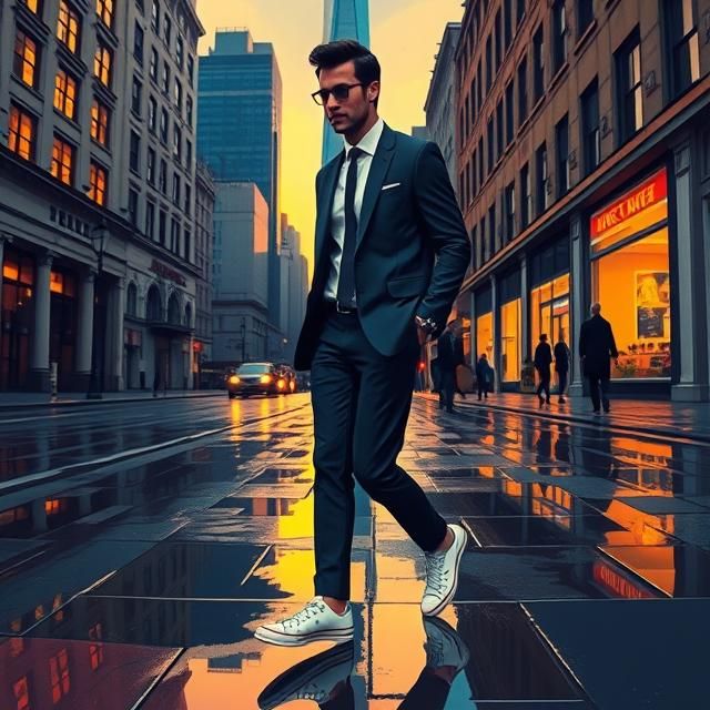 AN ILLUSTRATION OF A STYLISH MAN IN A SUIT AND CONVERSE SNEAKERS WALKING ON A WET CITY STREET AT SUNSET.