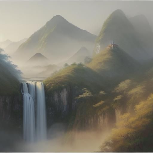 Serene Mountain Range in Chinese Ink Wash Style