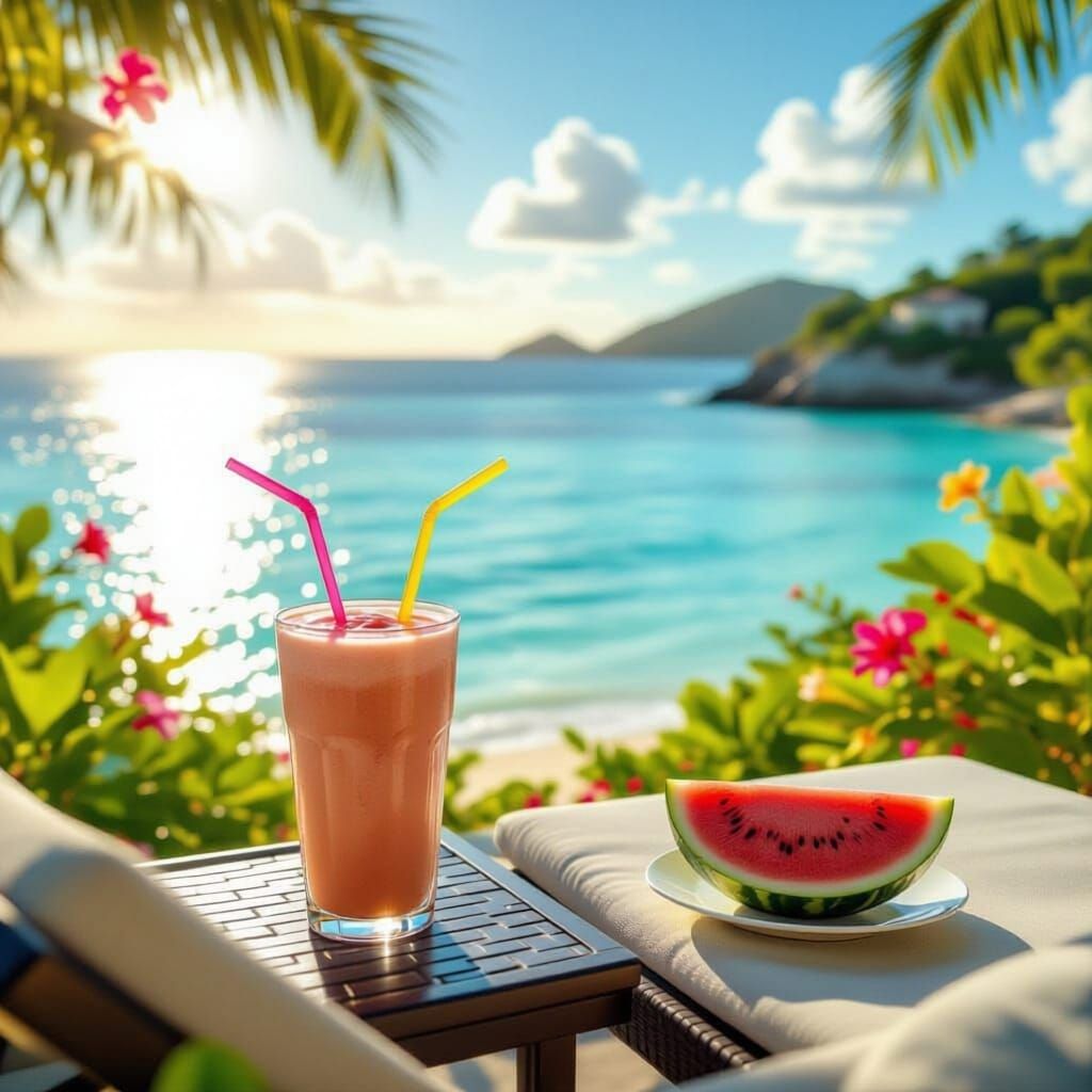 Caribbean Beach View Under Sun Lounger with Fruit Smoothie