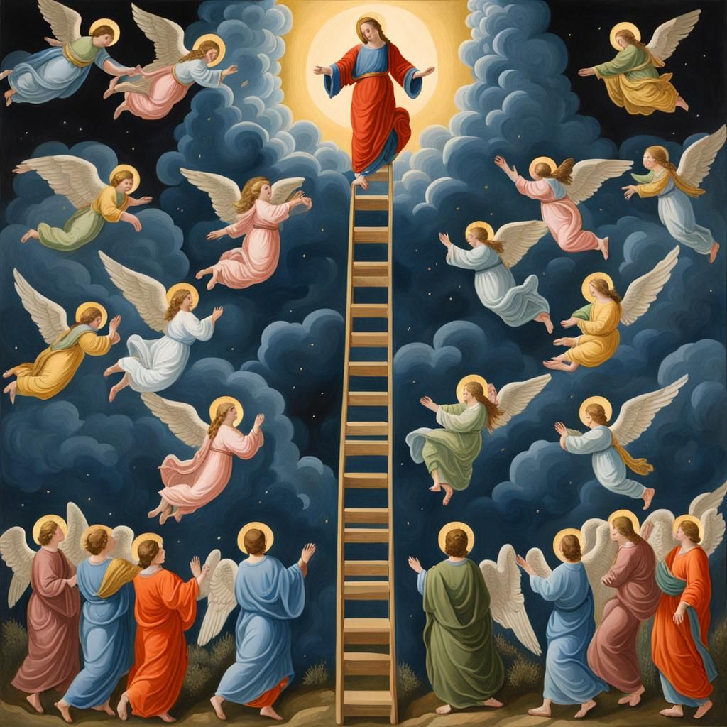 Jacob's ladder with angels ascending and descending from heaven to earth