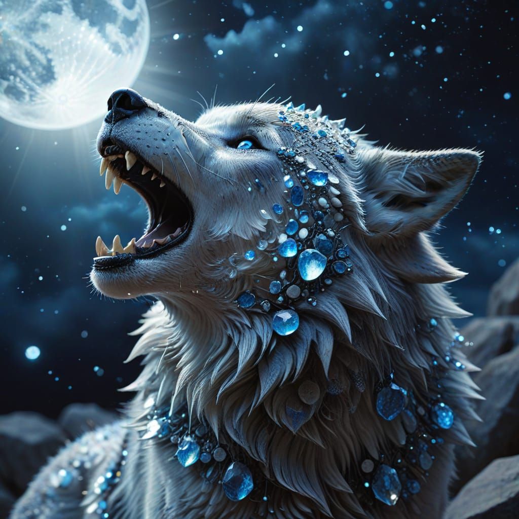 Moonstone Wolf Howling at the Moon in Fantasy Art