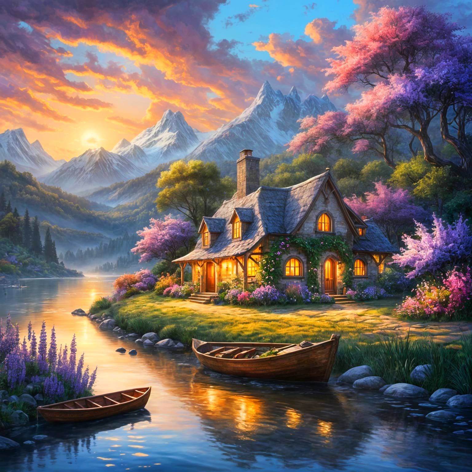 Magical Twilight Cottage by Reflecting Water