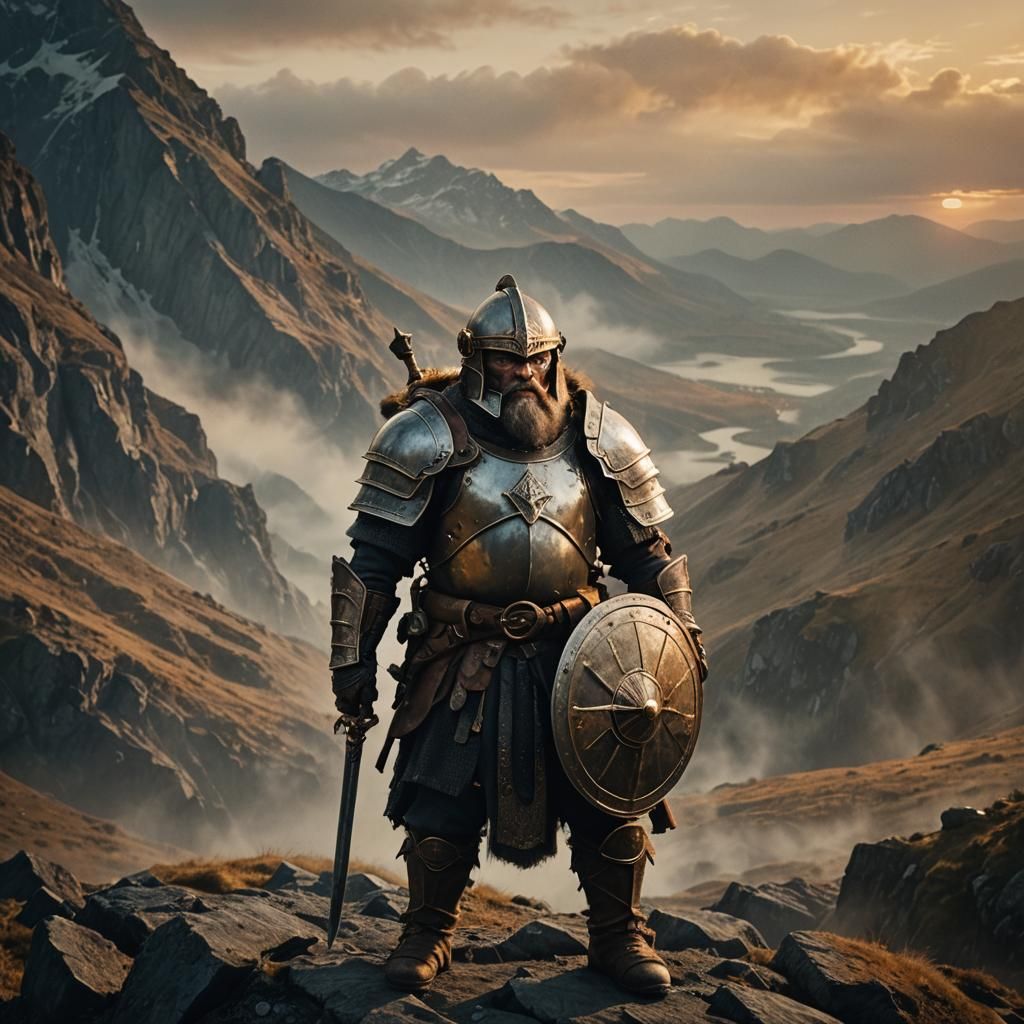 Dwarf Warrior on Misty Mountain Pass at Sunset