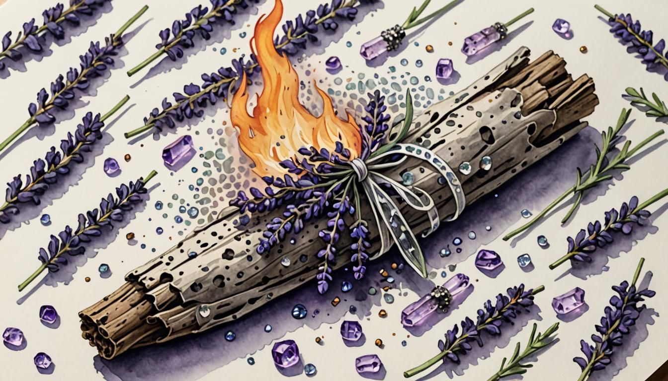 drawing of a burning smudge stick adorned with crystals and ...