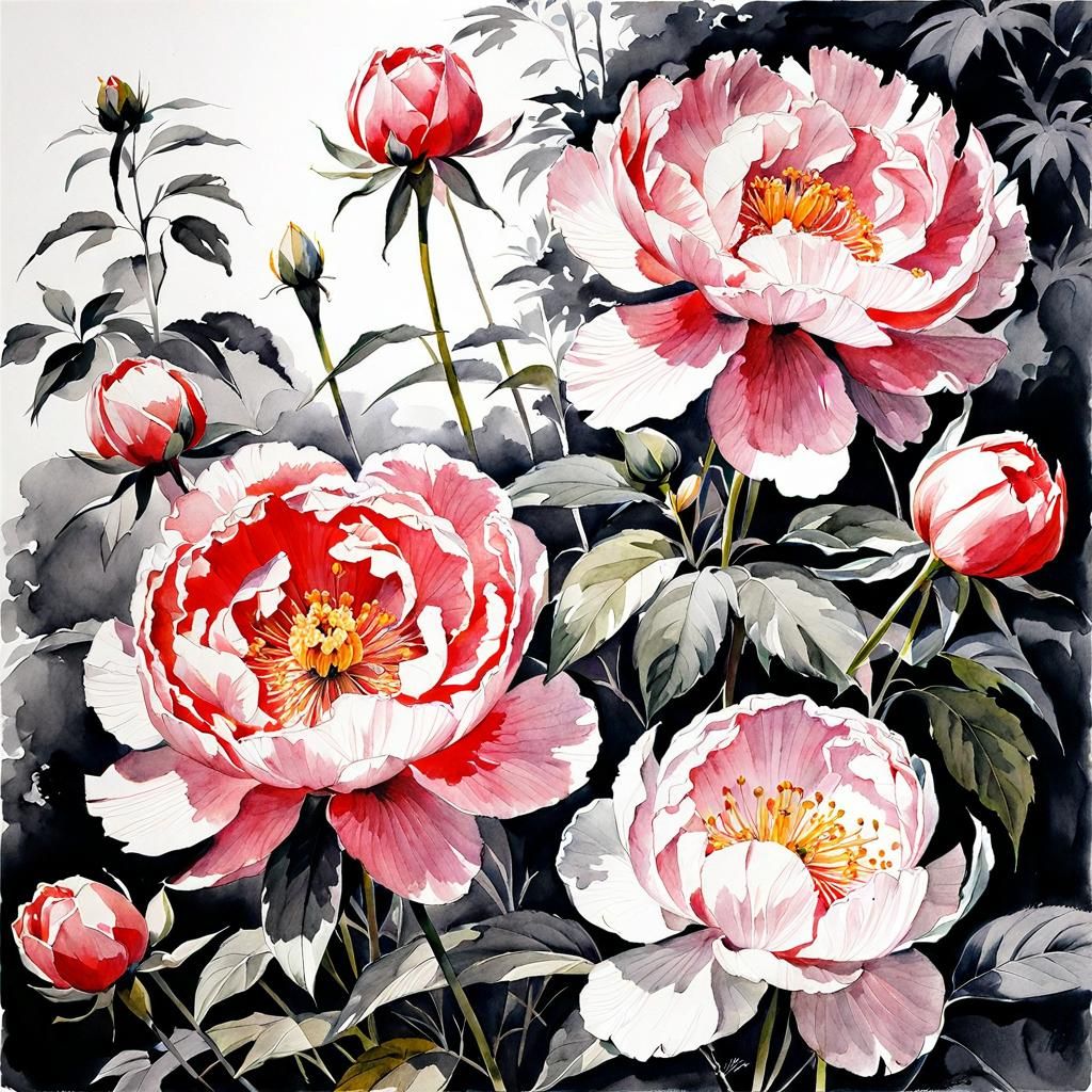 peonies  ink drawing