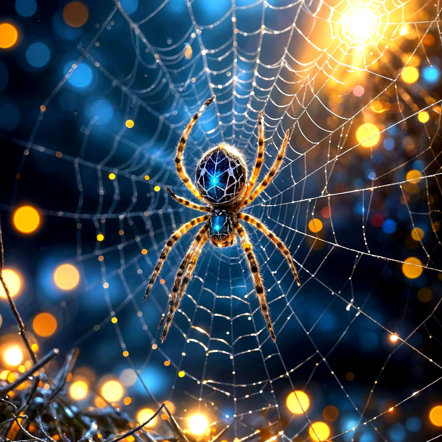 Ultra close-up, intricate spider patiently spins its silvery web in the bright moonlight, dramatic, dynamic ...  by @MrKitWalker