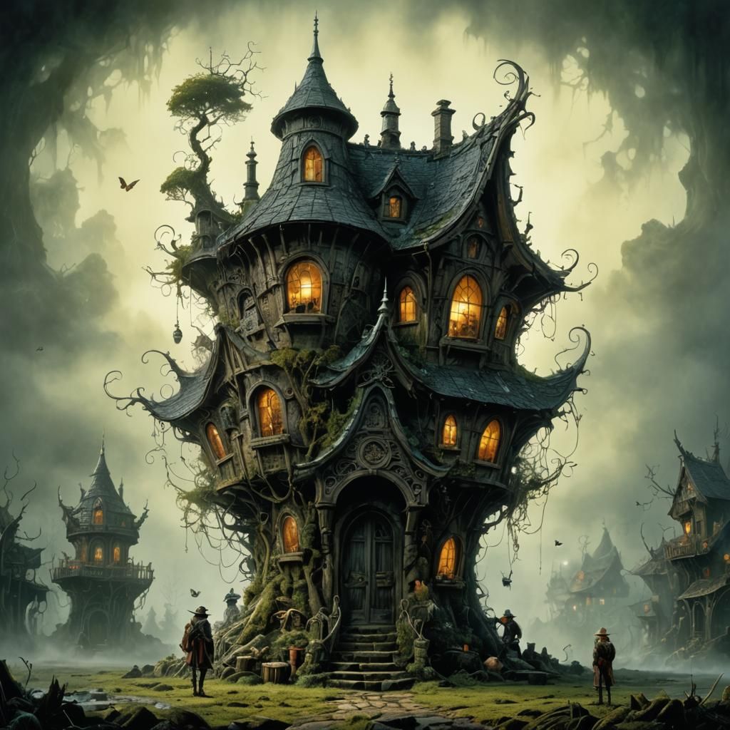 strange eerie fairy house  with small miniature fairy people...
