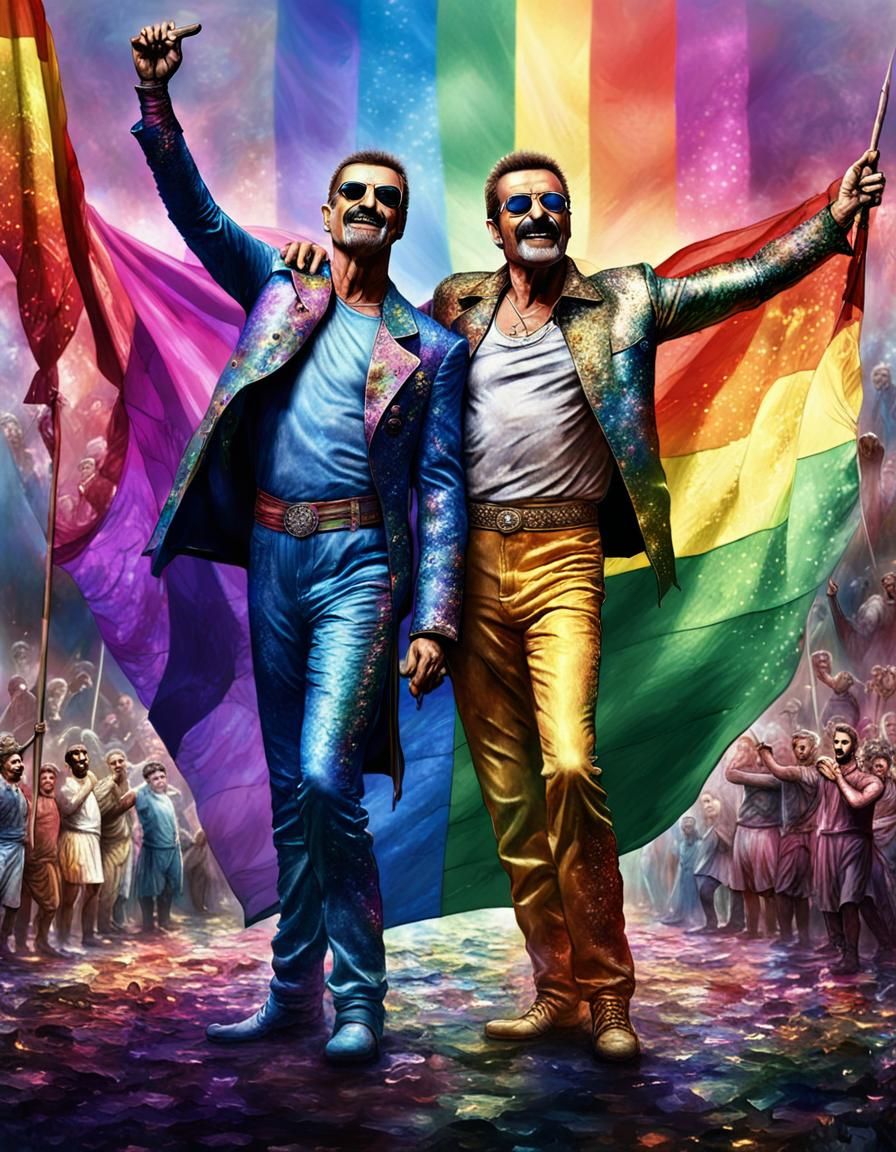 Freddy Mercury and George Michael celebrate party pride with rainbow flag, heaven light
 ,Hyperdetailed ...  by @Roswarcus