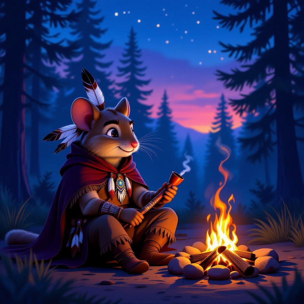 Finn, an anthropomorphic forest mouse adventurer, sits alone by a campfire at dusk in the wilderness. The flames flicker warmly, casting lig...