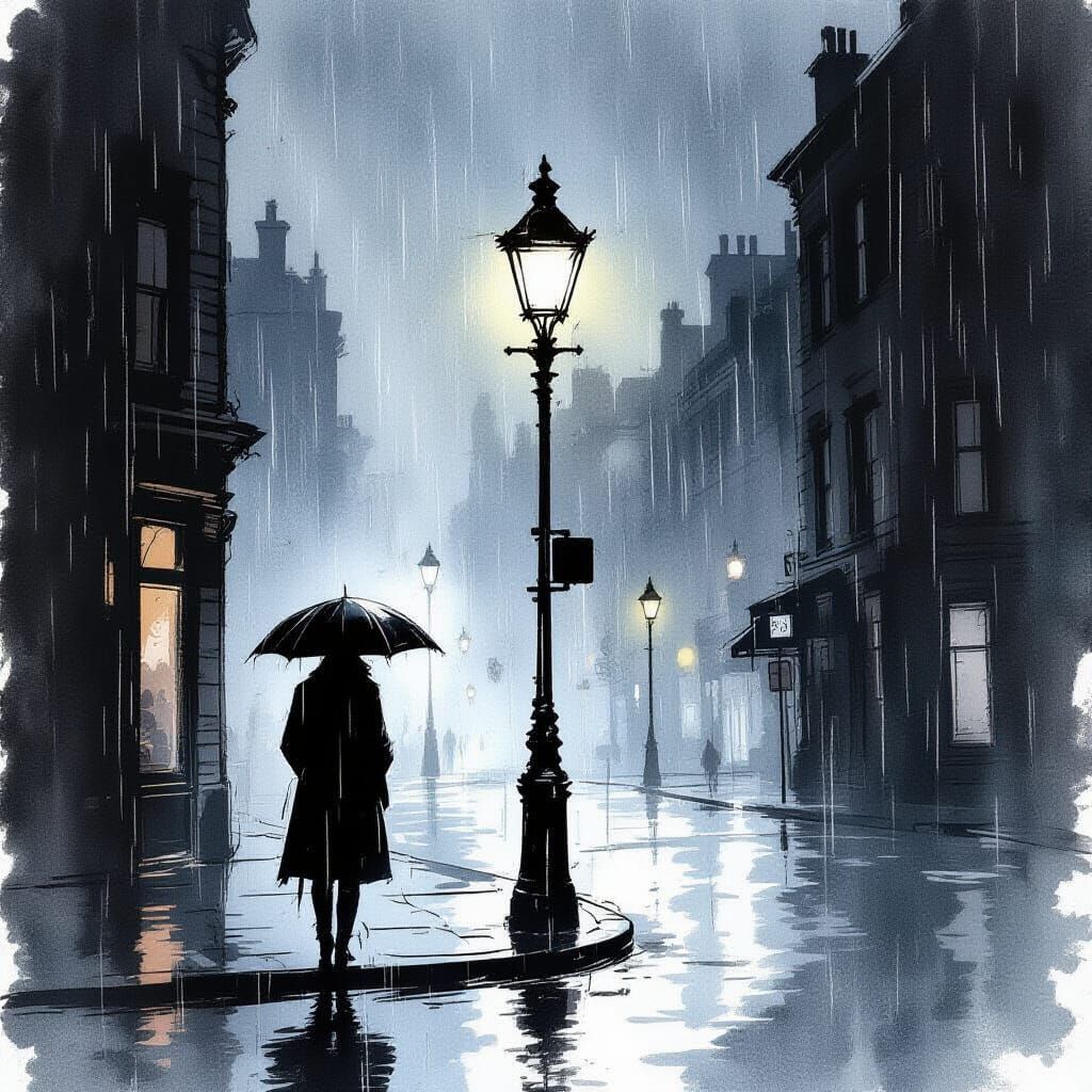 Shadowy Figure in Rainy Cityscape