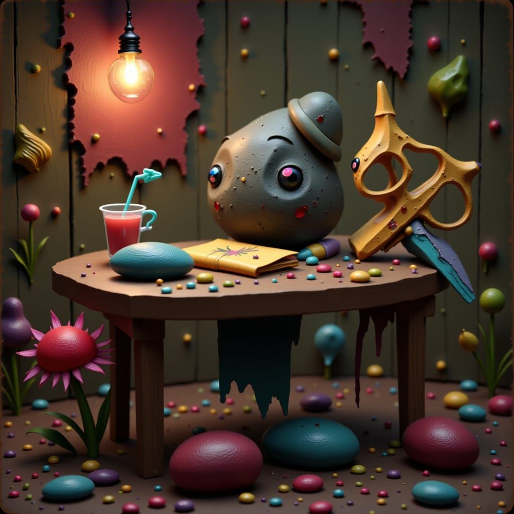 A Rock, A Piece of Paper, and A Scissors all having a drink together. <lora:Serendipitous-Kitty:1.0> 