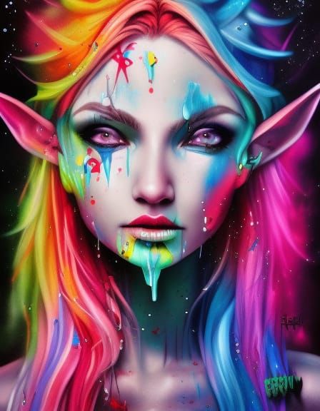 Elf, pointed ears, hyperrealistic, graffiti art, splash art, street art ...