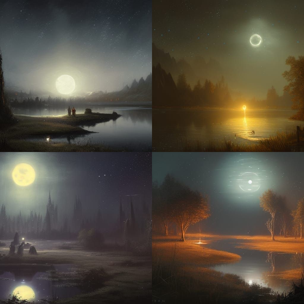 Starry midnight landscape moon reflected in pond