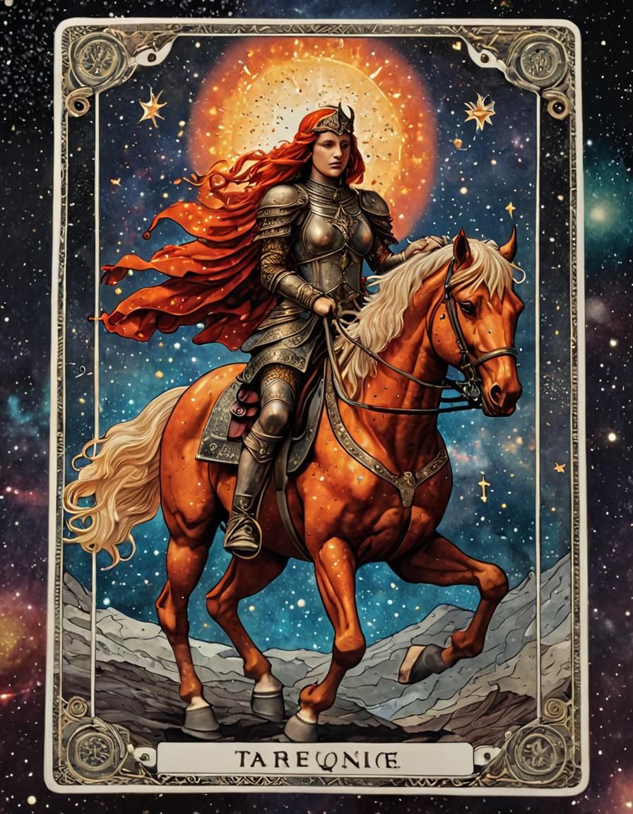 A tarot card showcasing a fiery warrior on horseback, with galaxies in the foreground, stipple, mosaic, flickering light, spacecore 