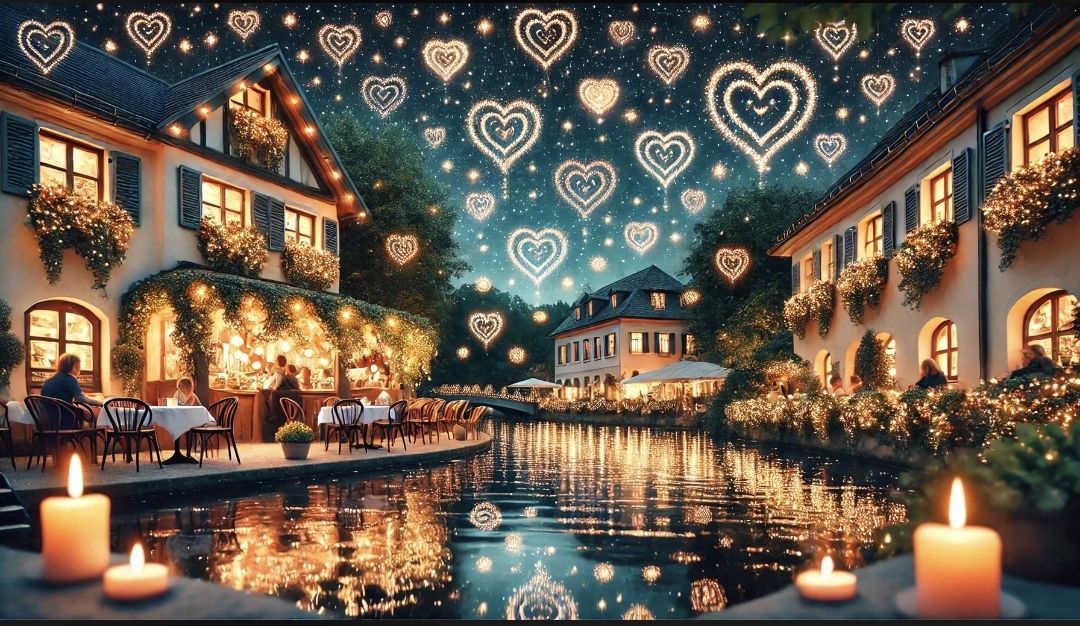 A stary night filled with hearts over a river cafe