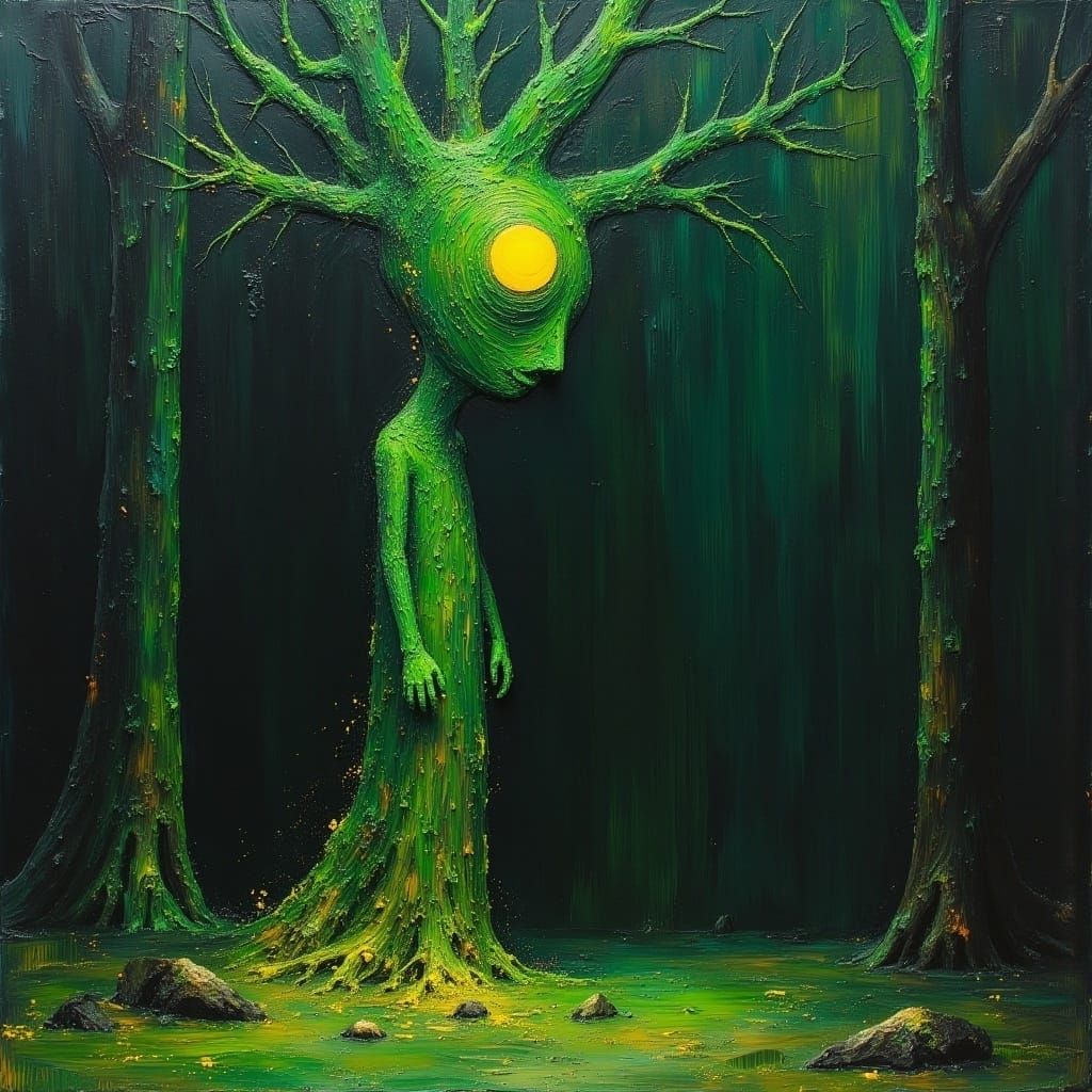 <lora:MJ6 Dark Oil Paint:1.0> Abstract painting of an anthropomorphic green tree-like figure with yellow eyes, standing in a forest at night...