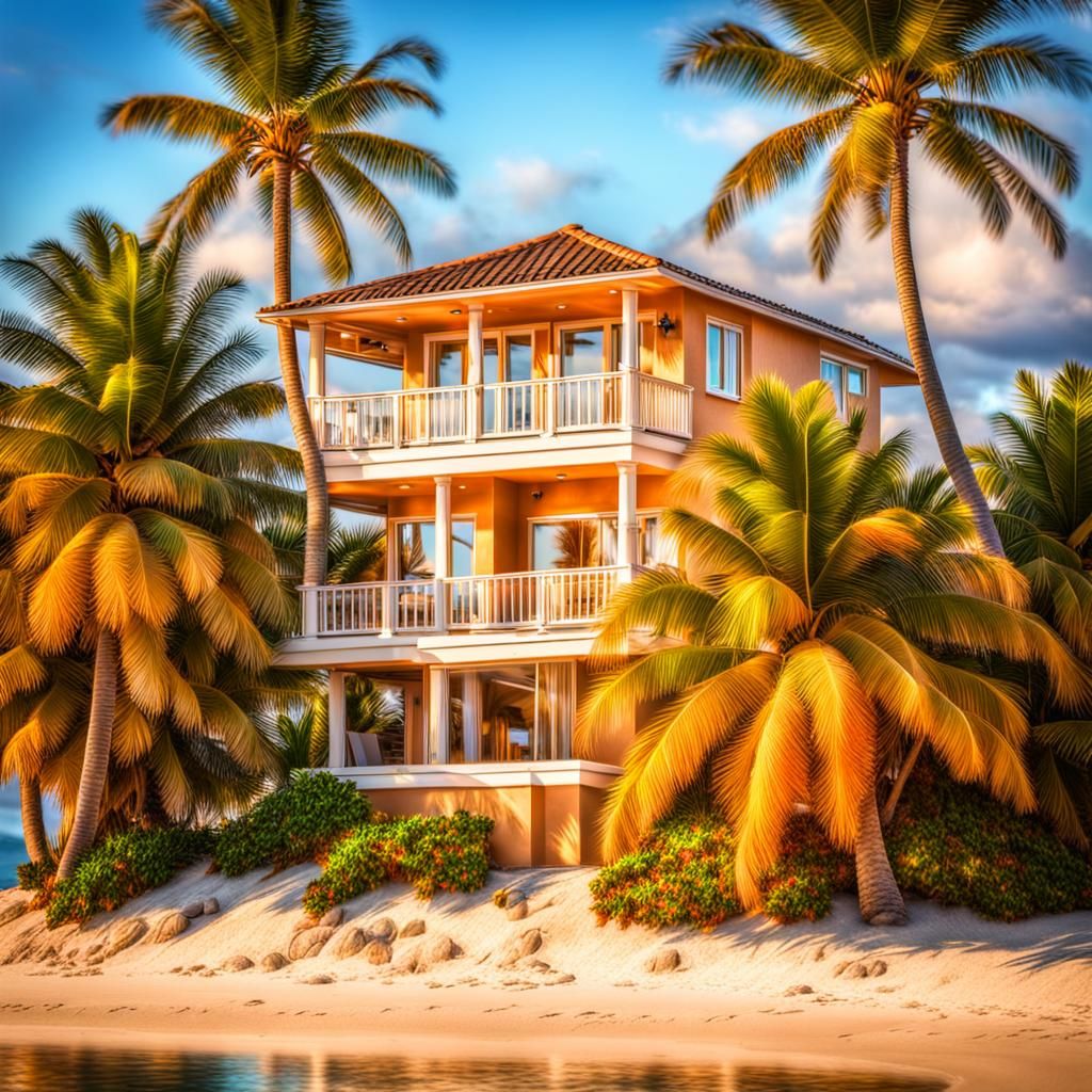 A beach house with palm trees near an ocean. intricate details, HDR, beautifully shot, hyperrealistic, sharp focus, 64 megapixels, perfect c...
