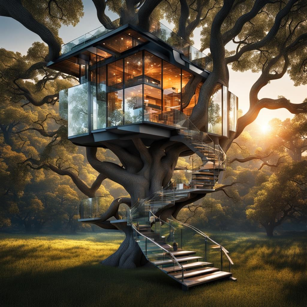Ultra modern glass treehouse in a large oak tree  by @Alison