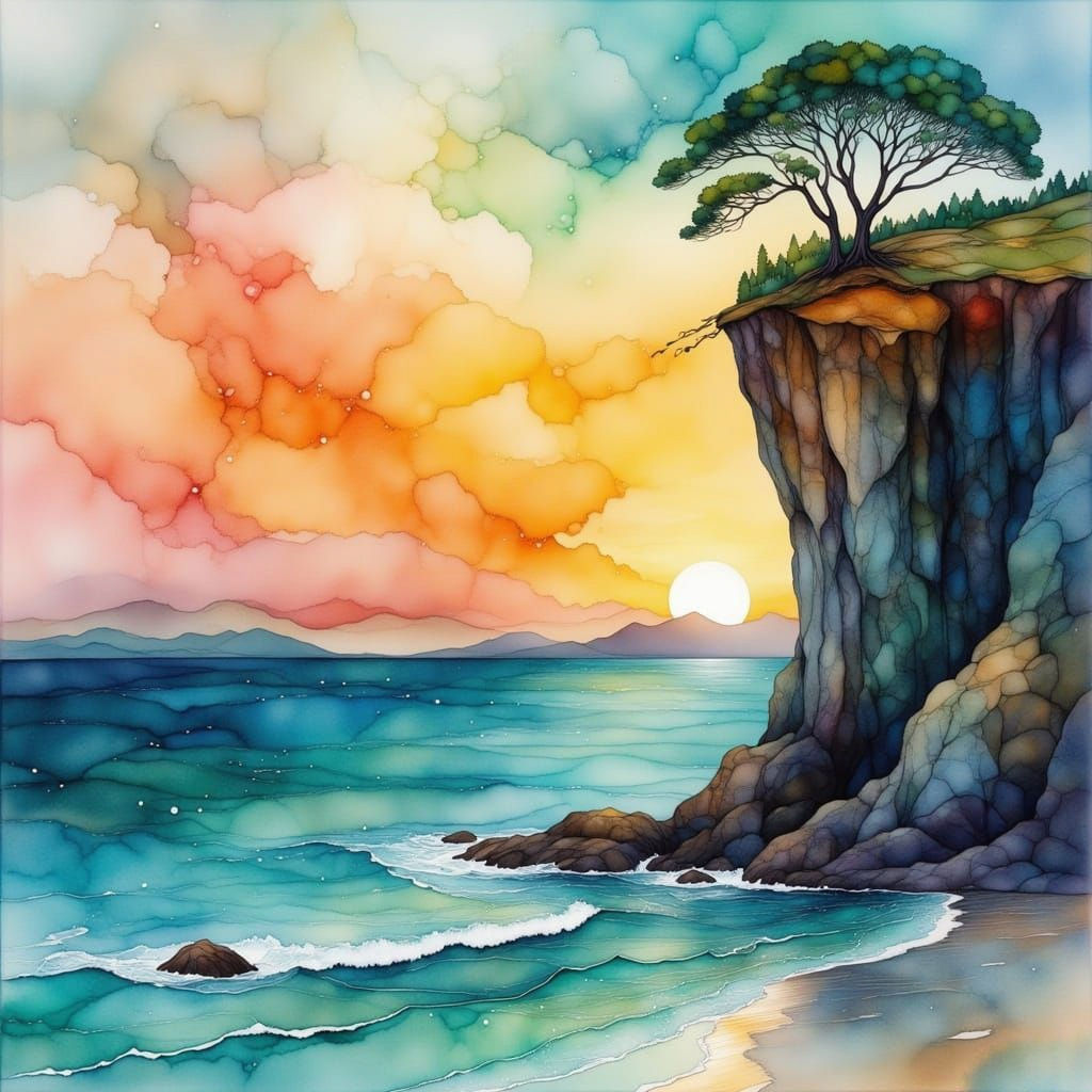 Serene Watercolor Landscape at Sunset