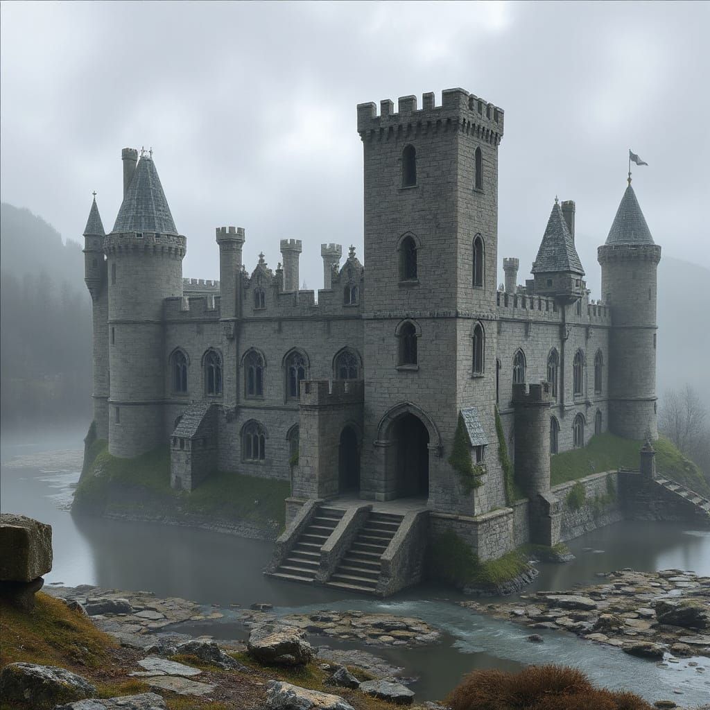 Misty Medieval Castle with Stone Walls and Moat