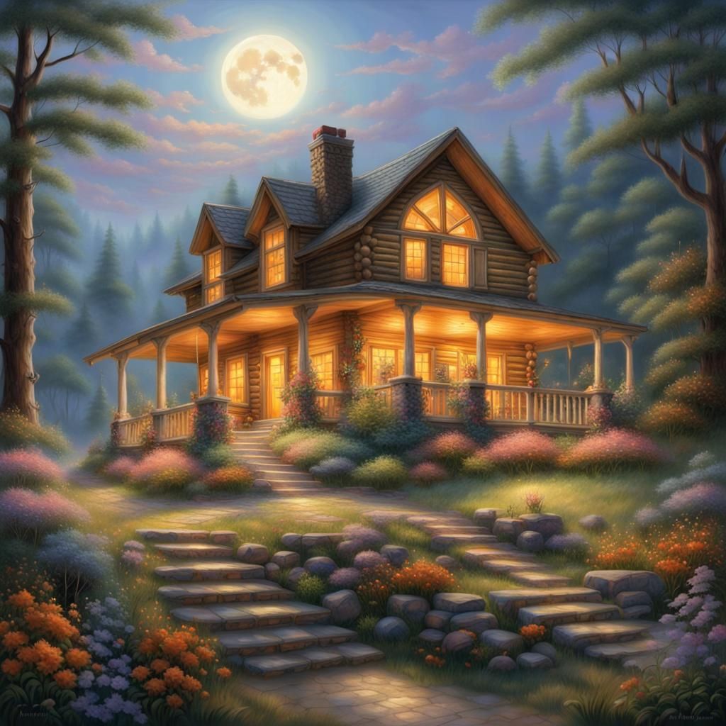 A rustic two-story log house sitting on a hilltop with forest all around. Large front porch with orange ...  by @Leland Lewis