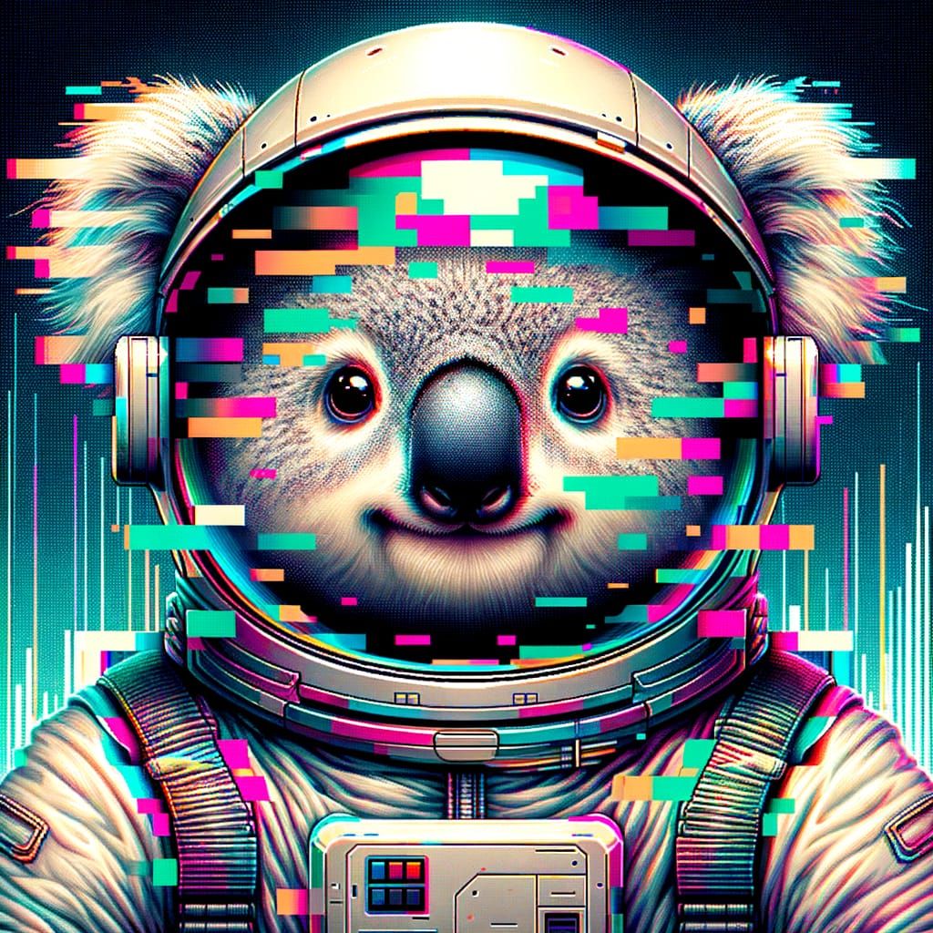 A portrait of a futuristic koala astronaut, his face distorted by a wave of digital static, with fragmented ...  by @Marv