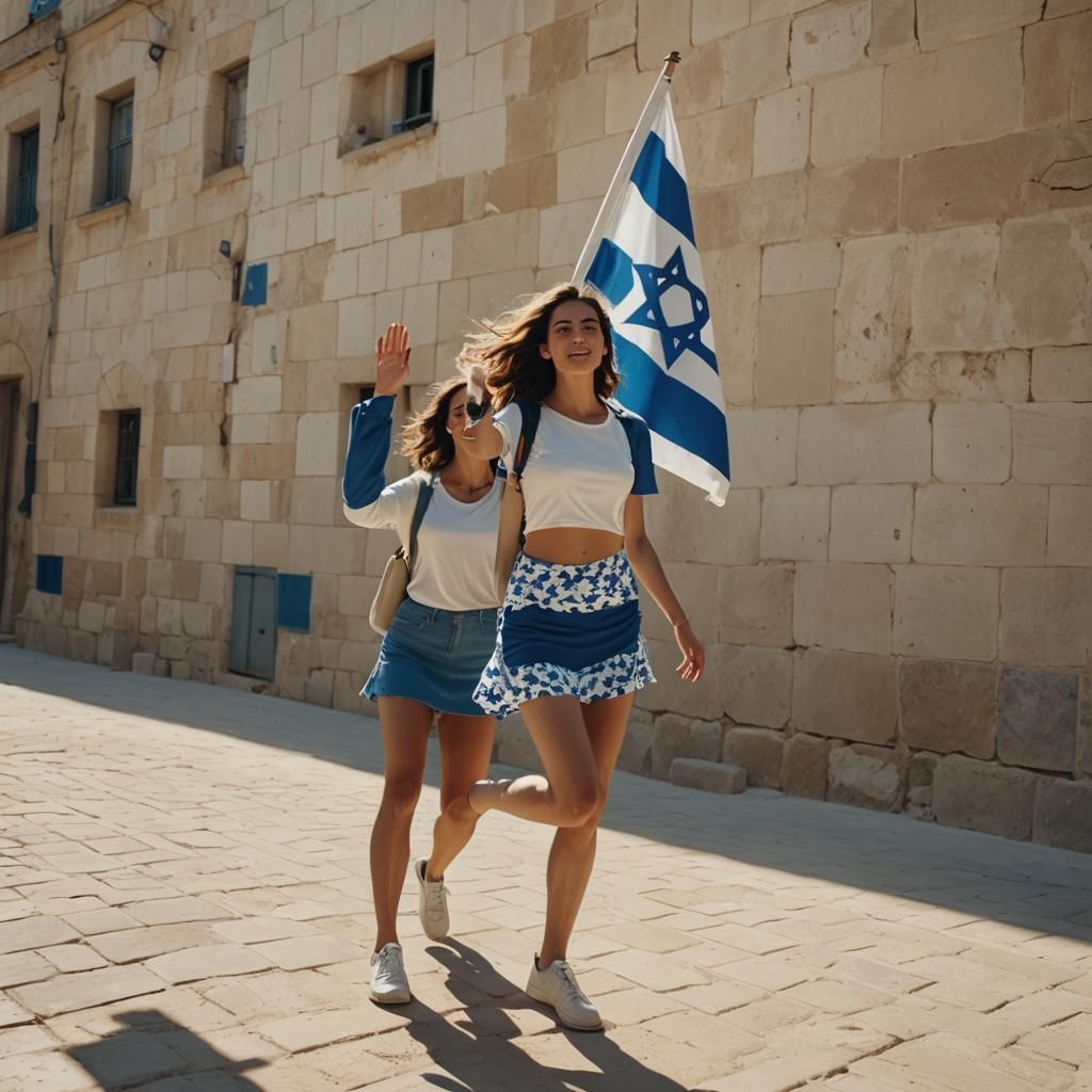 A young Israeli woman in a mini skirt and blue and white col...