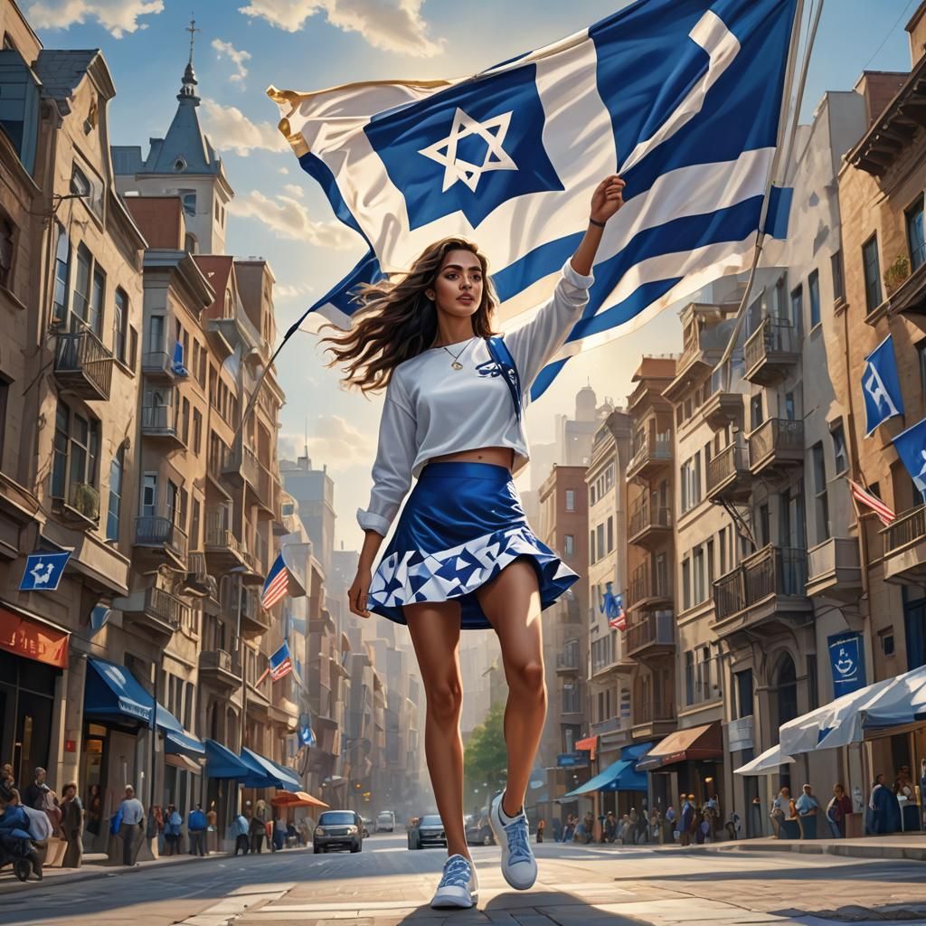 A young Israeli woman in a mini skirt and blue and white col...