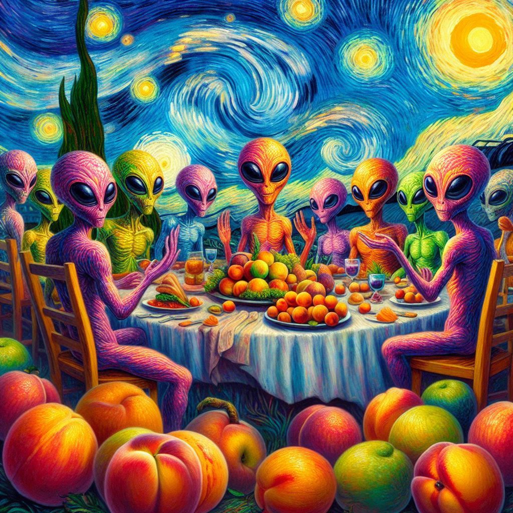 <lora:WhimsicalCubism:1.0> <lora:Alienss:1.0> A surreal, Van Gogh-inspired scene featuring a group of friendly aliens gathered around a tabl...