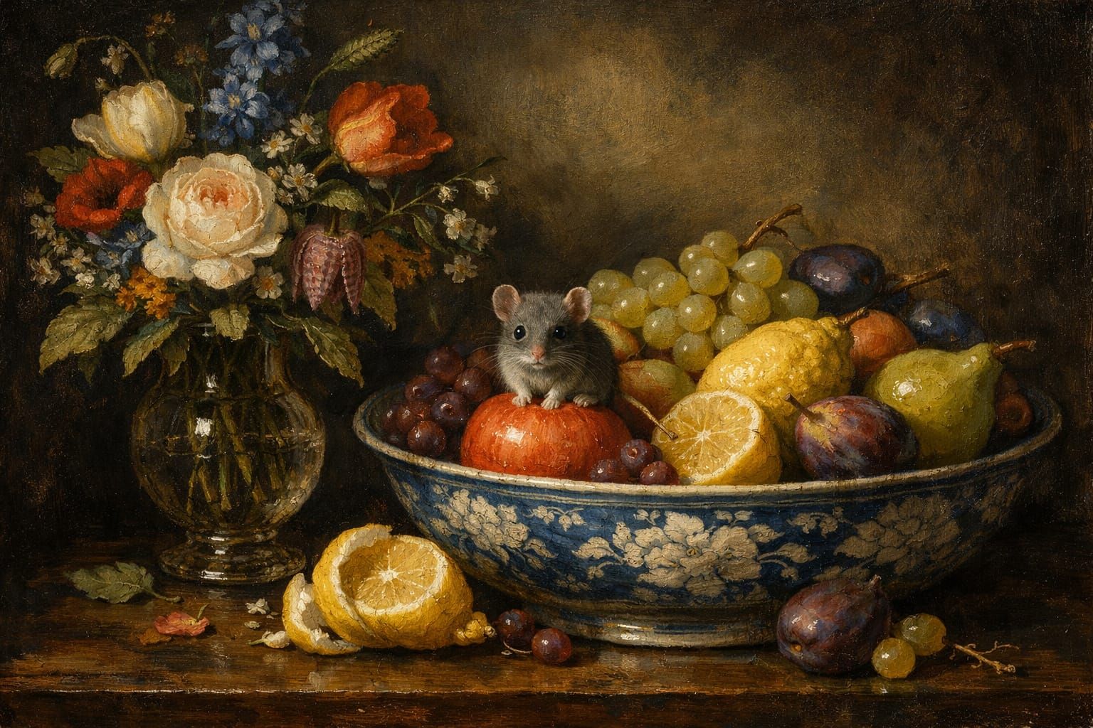 A golden age still-life with fruits and flowers and a surprise.  by @Terra